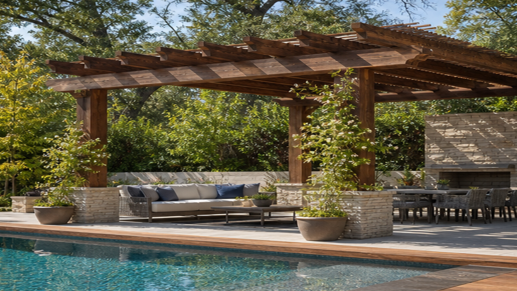 Pool Landscaping Ideas with a pergola accent