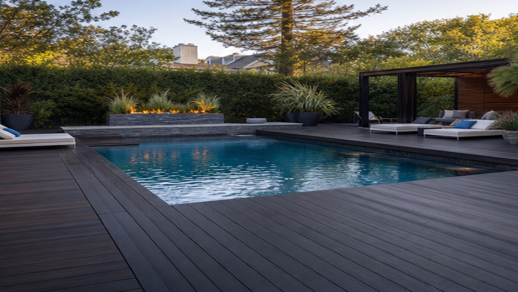 Pool Landscaping Ideas with a dark wood deck look