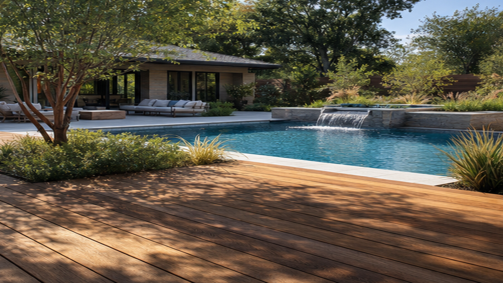 Pool Landscaping Ideas with a natural wood deck look