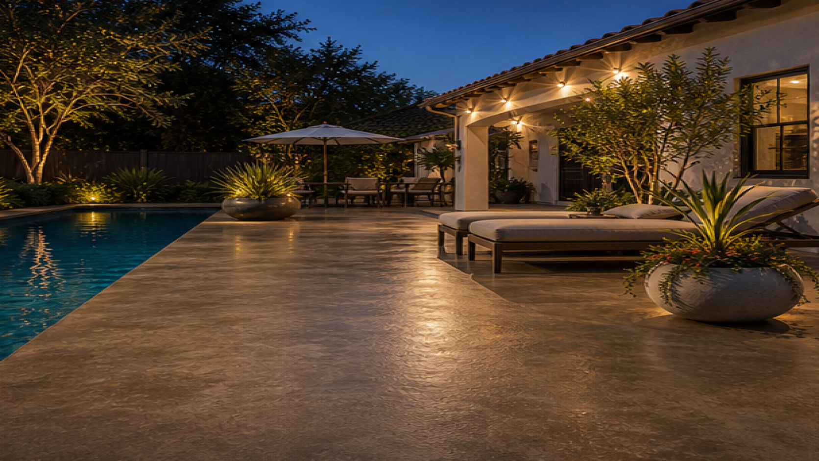 Pool Lighting Ideas with a treated concrete deck look