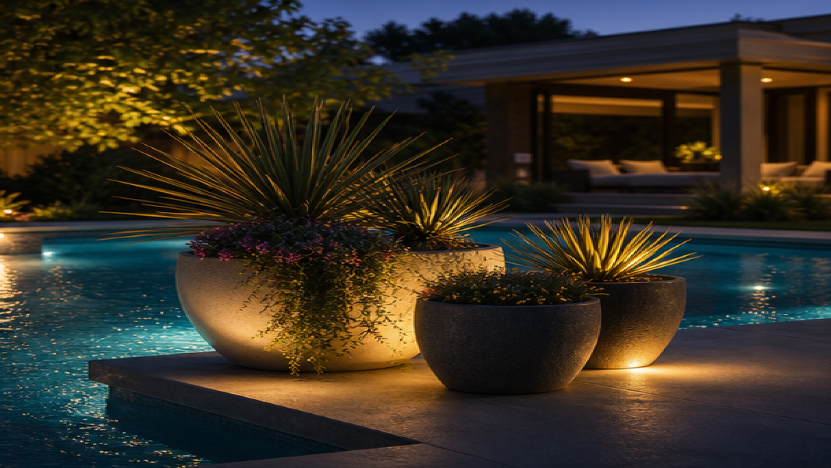 Pool Lighting Ideas with poolside planters