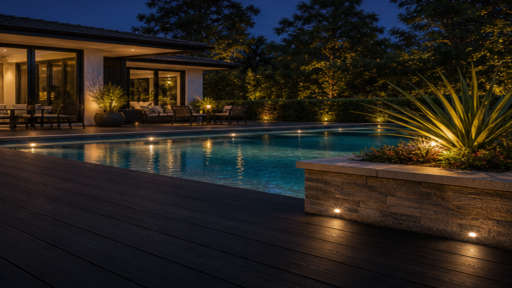 Pool Lighting Ideas with a dark wood deck look
