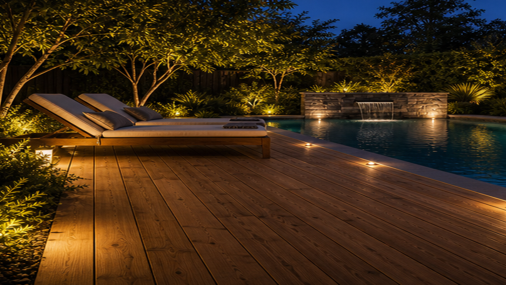 Pool Lighting Ideas with a natural wood deck look
