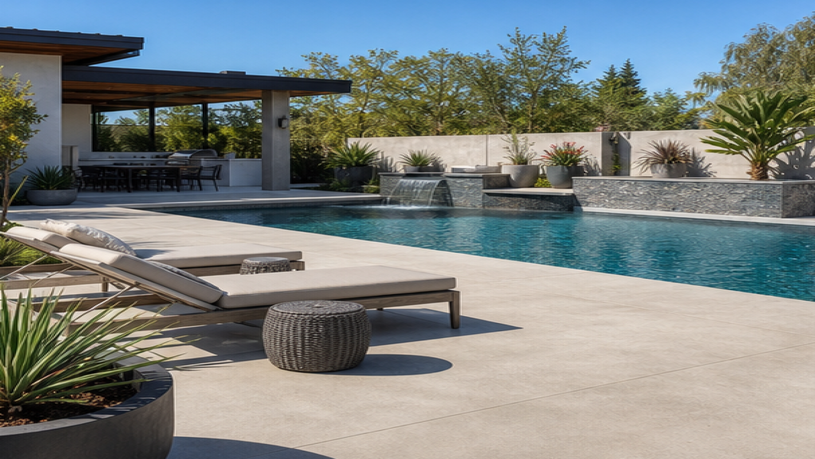 Pool Patio Ideas with a natural concrete deck look