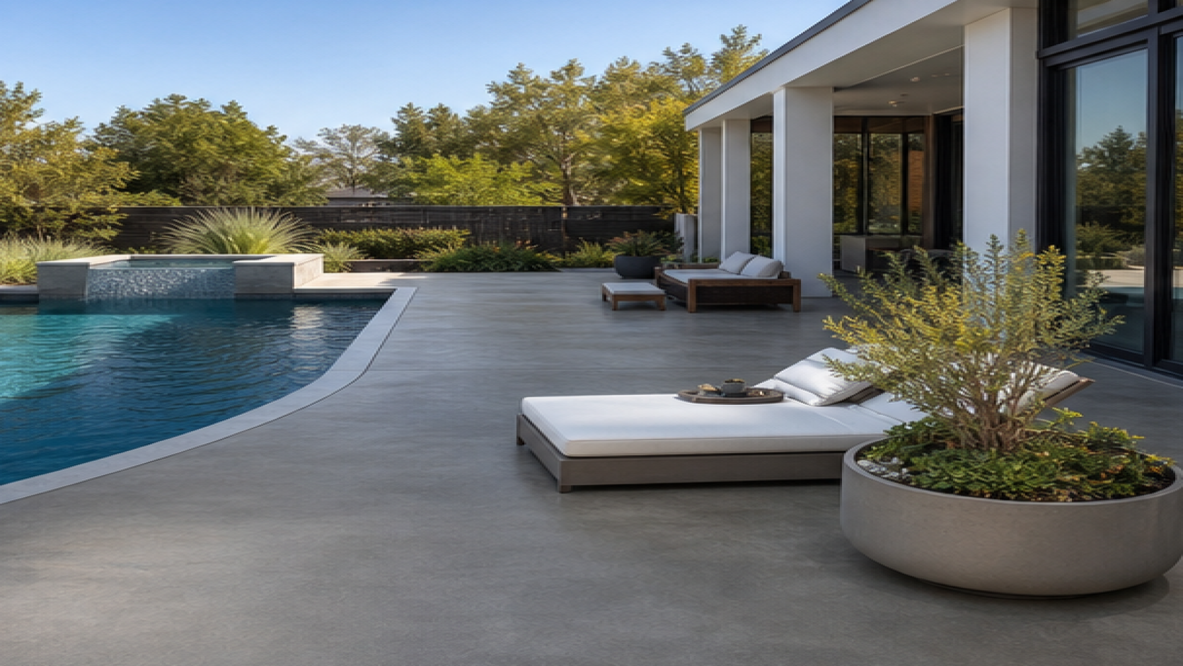 Pool Patio Ideas with a treated concrete deck look
