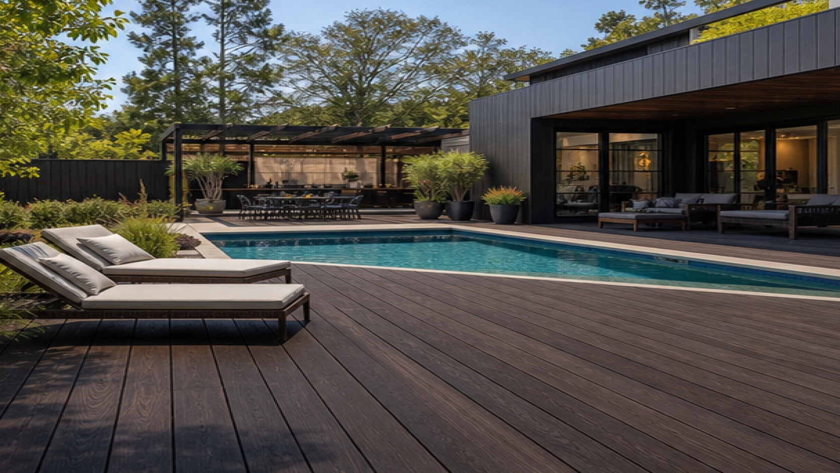 Pool Patio Ideas with a dark wood deck look