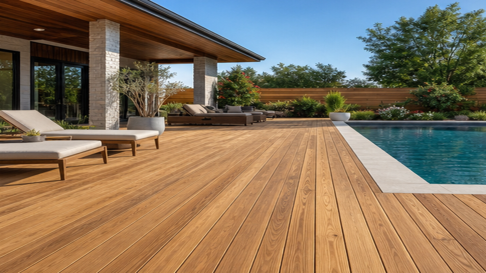 Pool Patio Ideas with a natural wood deck look