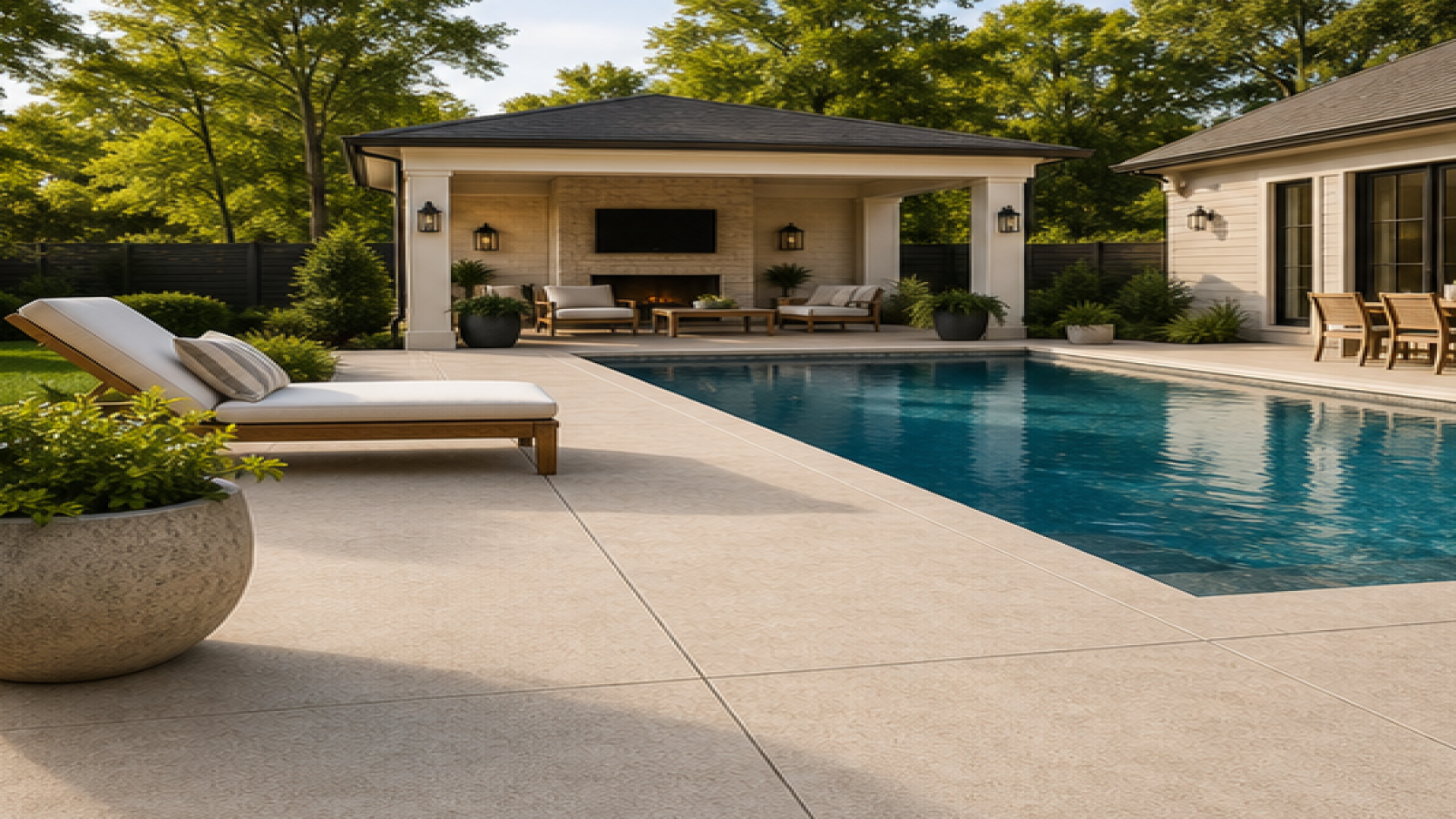 Pool Patio Ideas with a natural concrete deck look