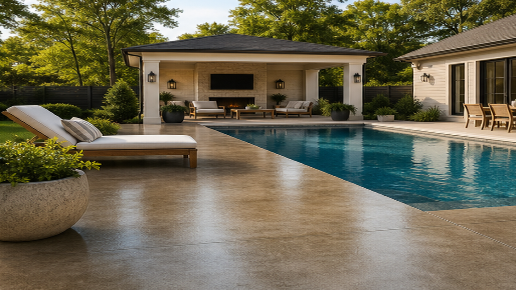 Pool Patio Ideas with a treated concrete deck look