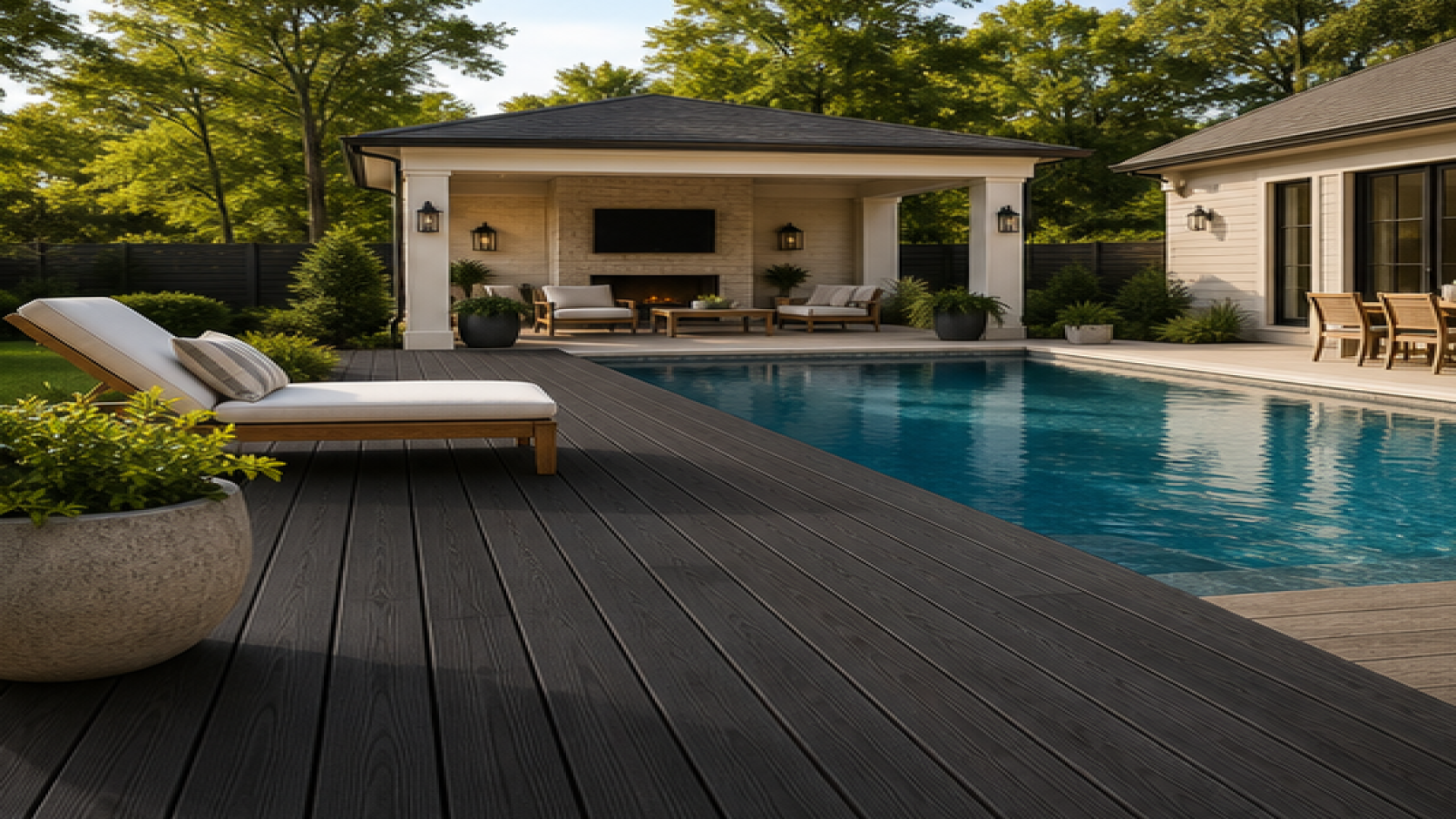 Pool Patio Ideas with a dark wood deck look