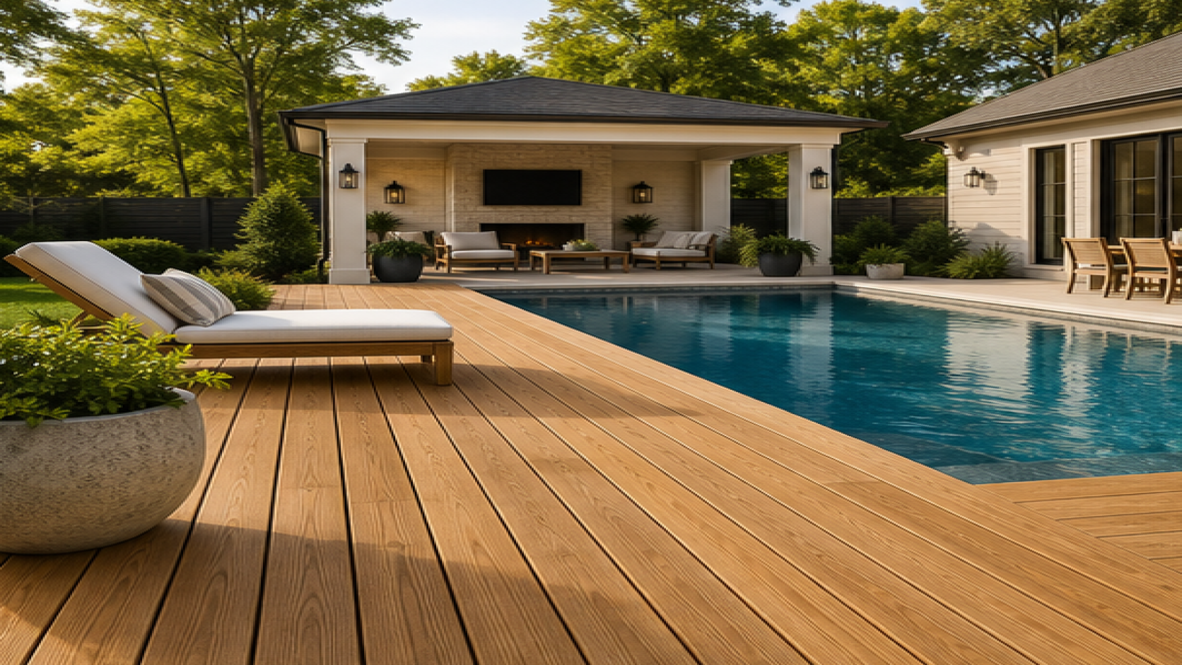 Pool Patio Ideas with a natural wood deck look