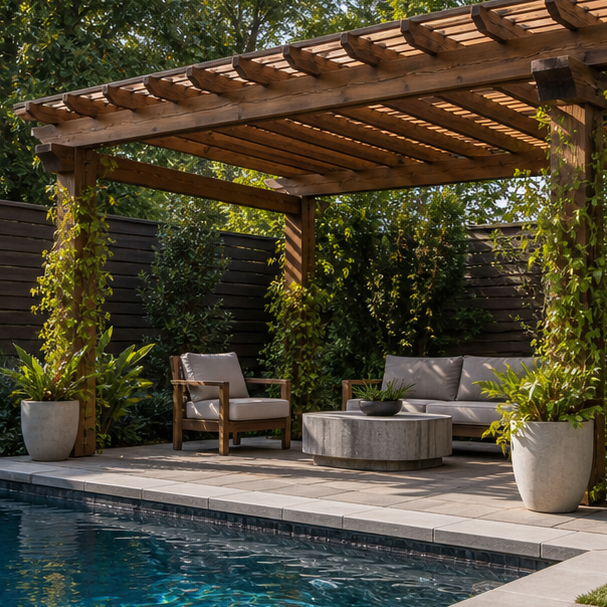 Pool Pergola Ideas materials and planting