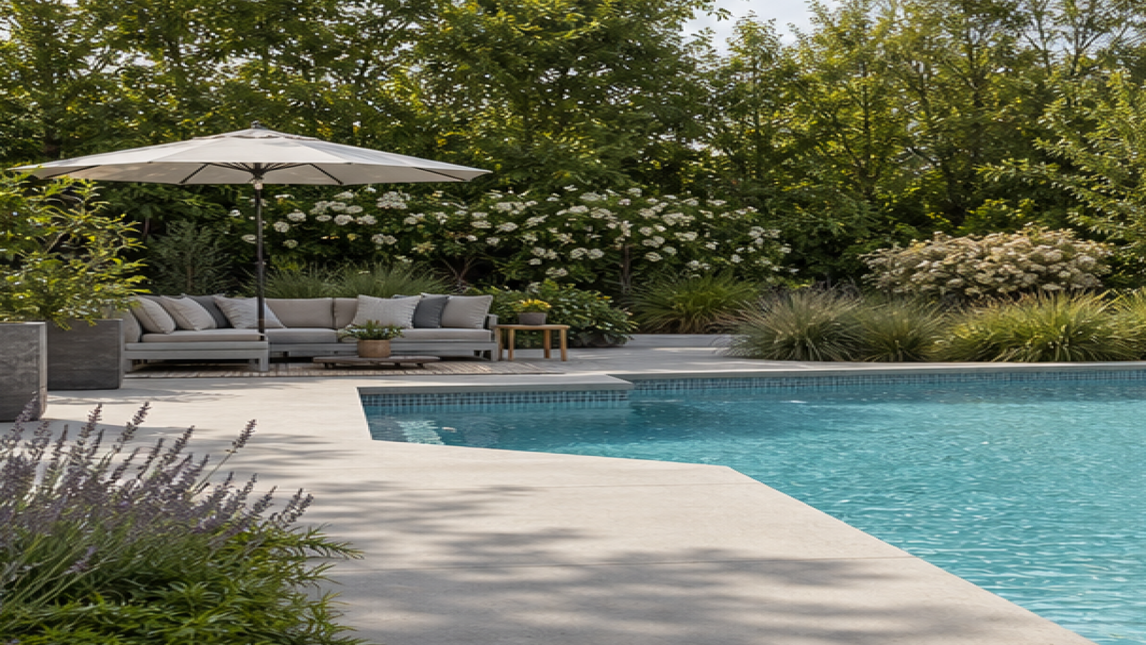 Pool Privacy Ideas with a natural concrete deck look