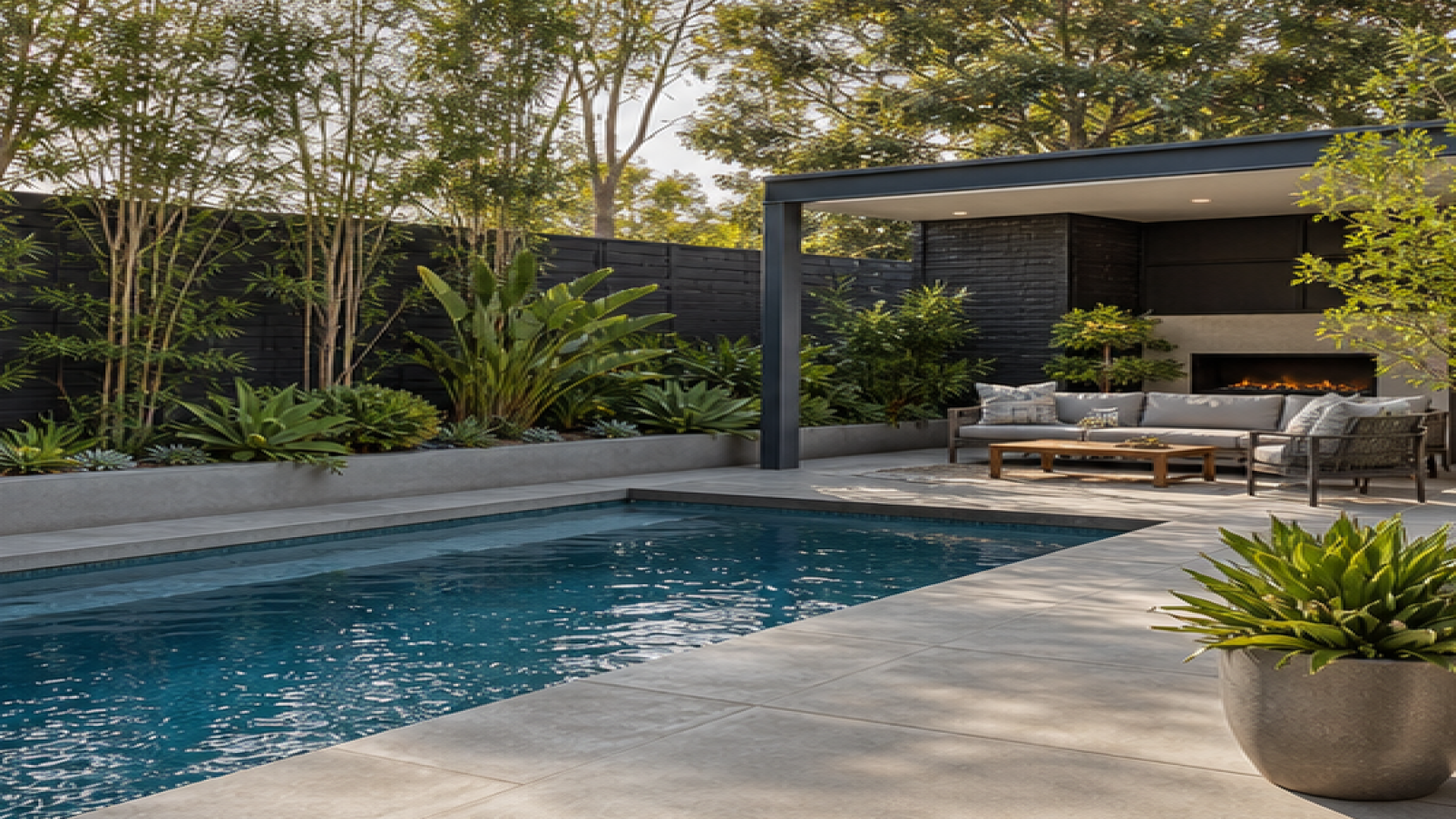 Pool Privacy Ideas with a treated concrete deck look