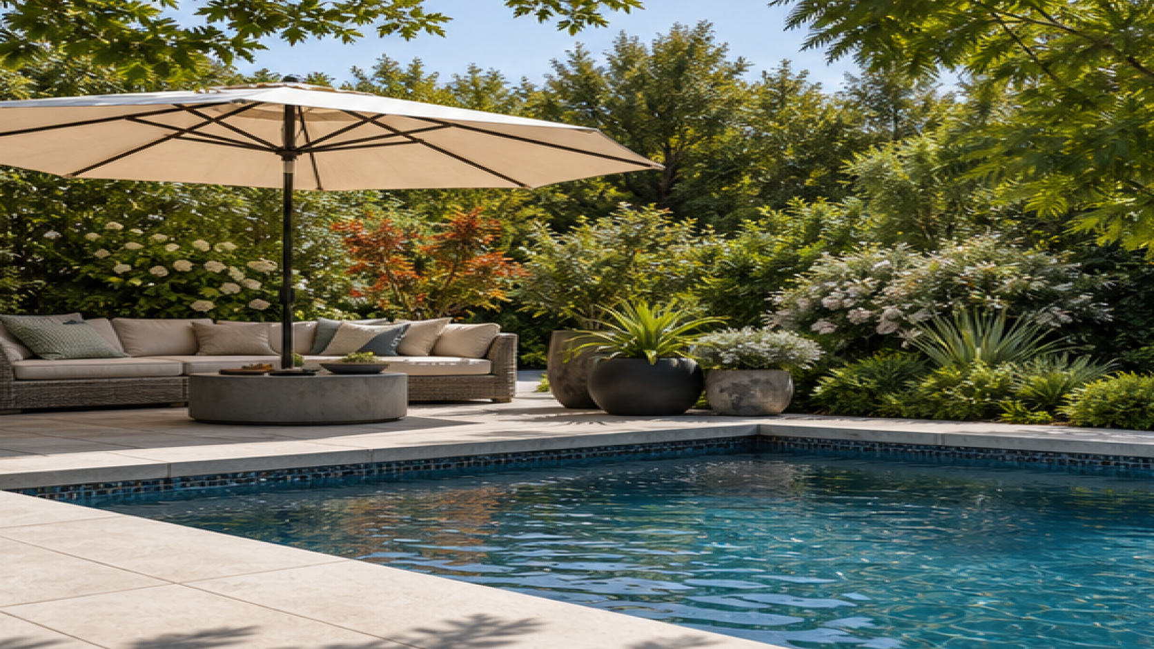 Pool Privacy Ideas with a shade umbrella