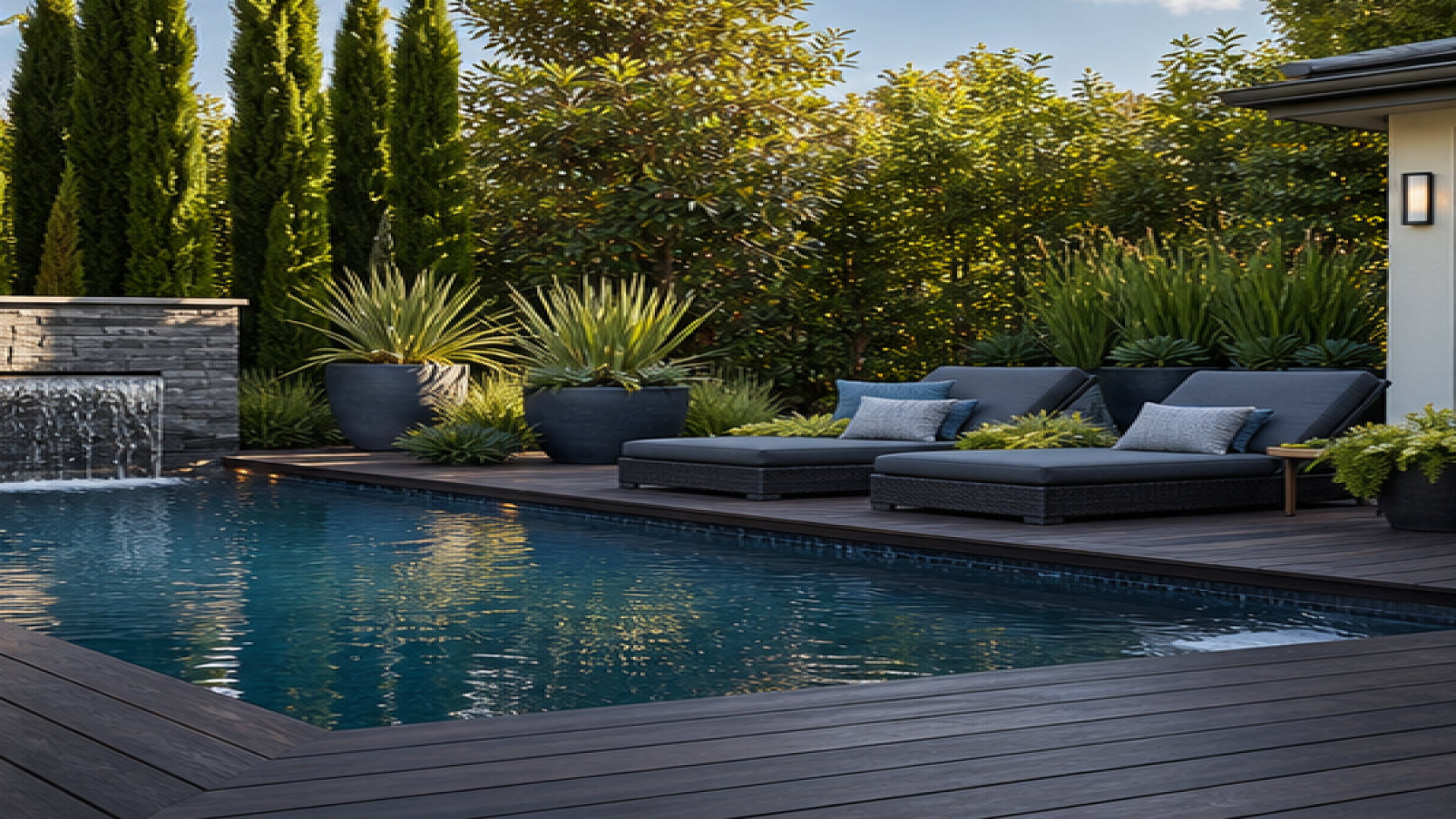 Pool Privacy Ideas with a dark wood deck look