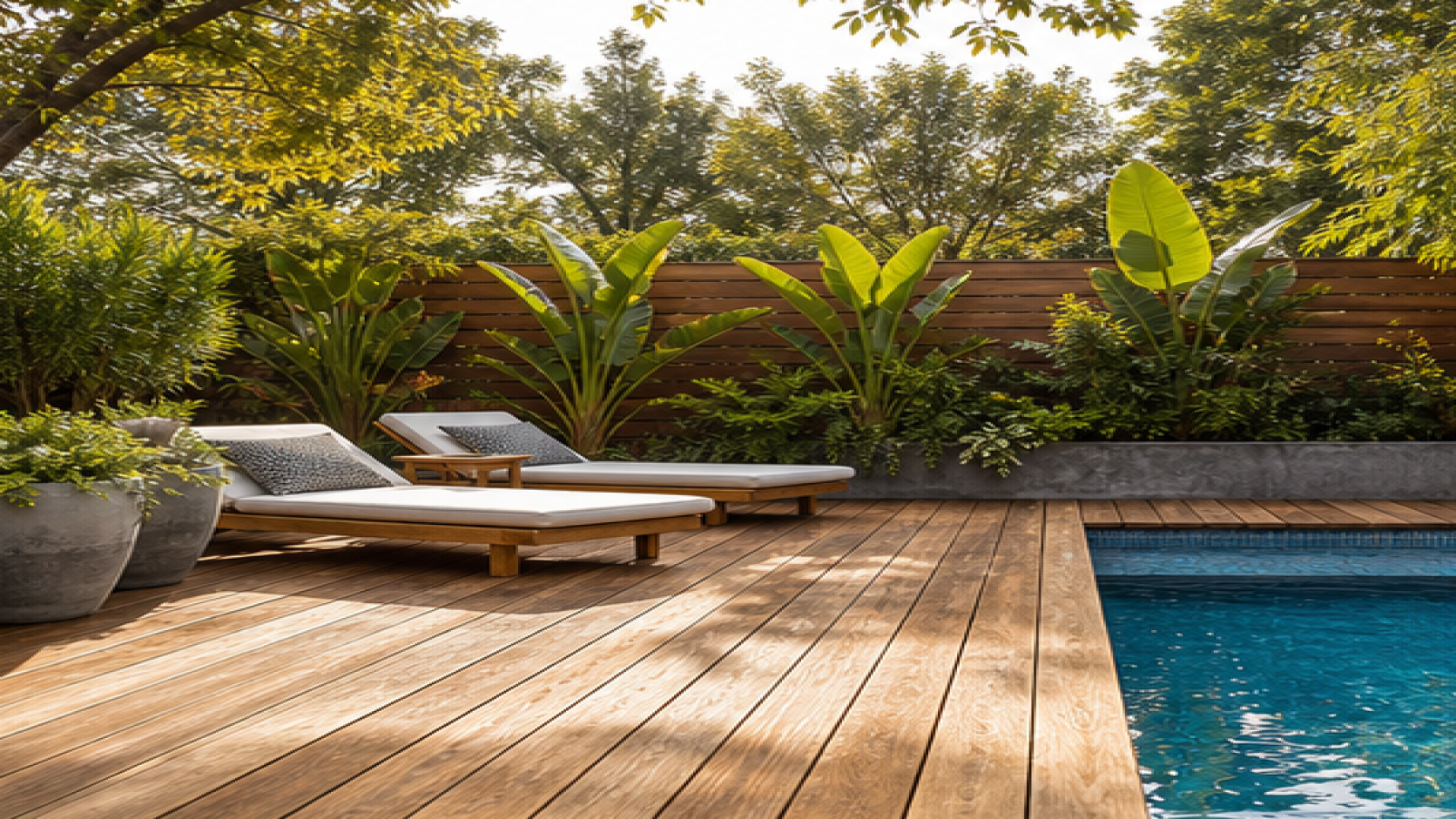 Pool Privacy Ideas with a natural wood deck look