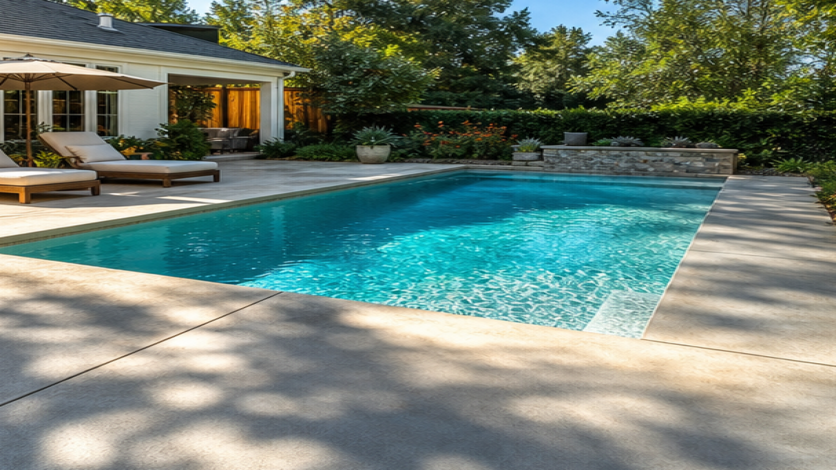 Pool Seating Ideas with a natural concrete deck look