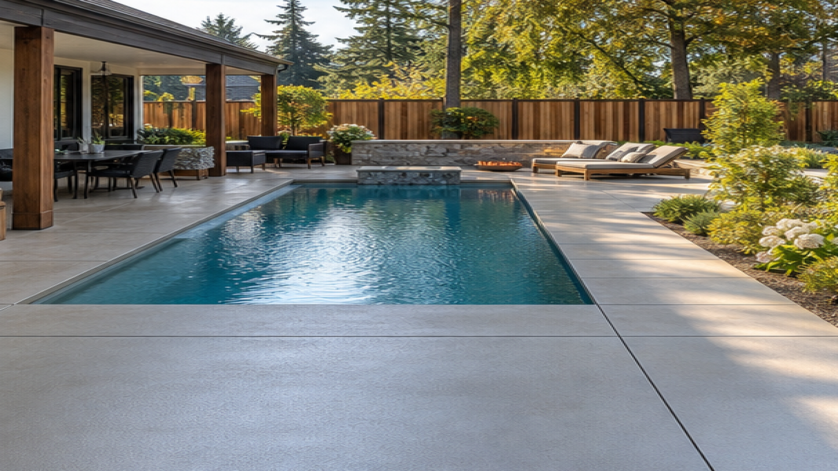 Pool Seating Ideas with a treated concrete deck look