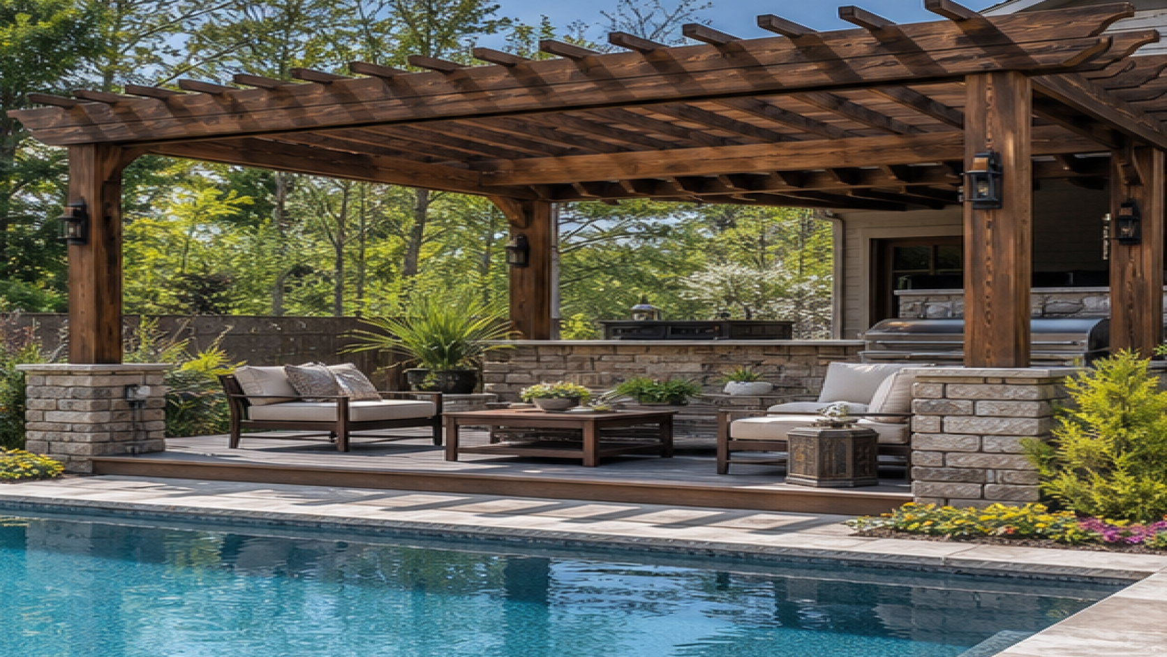 Pool Seating Ideas with a pergola accent
