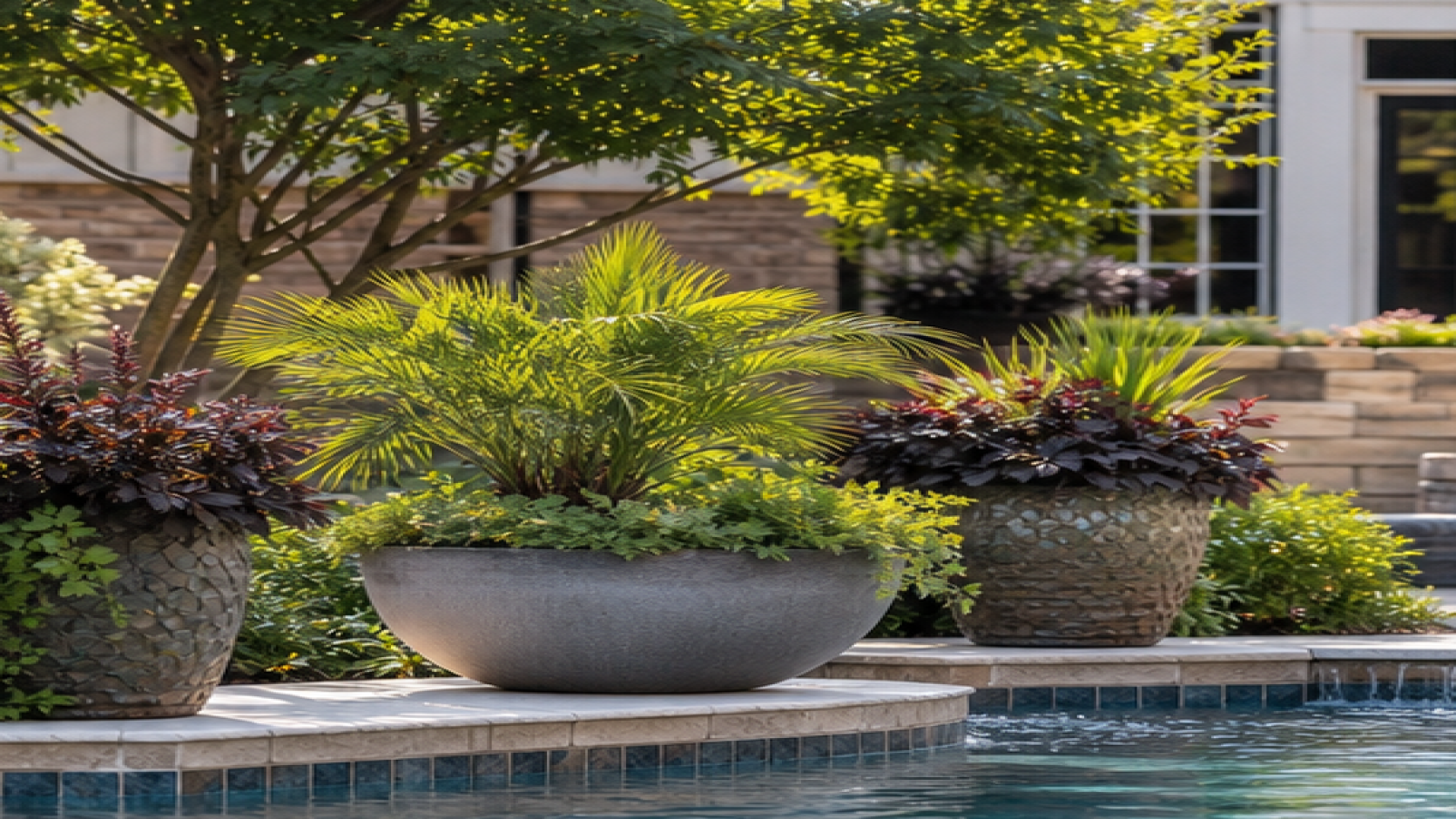 Pool Seating Ideas with poolside planters