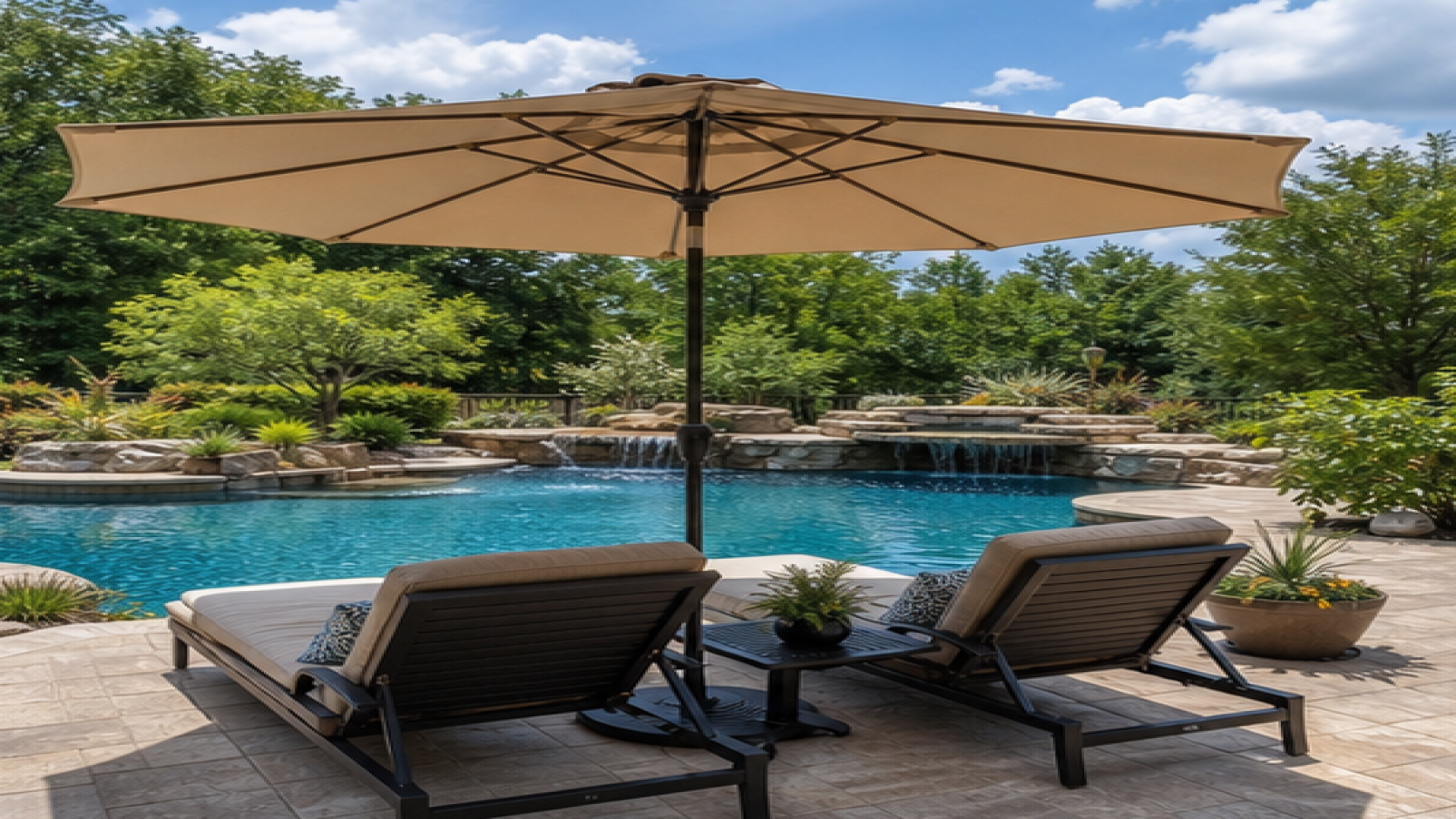 Pool Seating Ideas with a shade umbrella