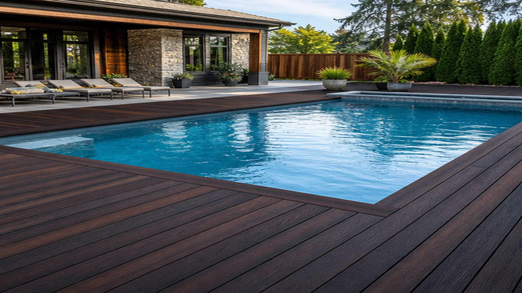 Pool Seating Ideas with a dark wood deck look