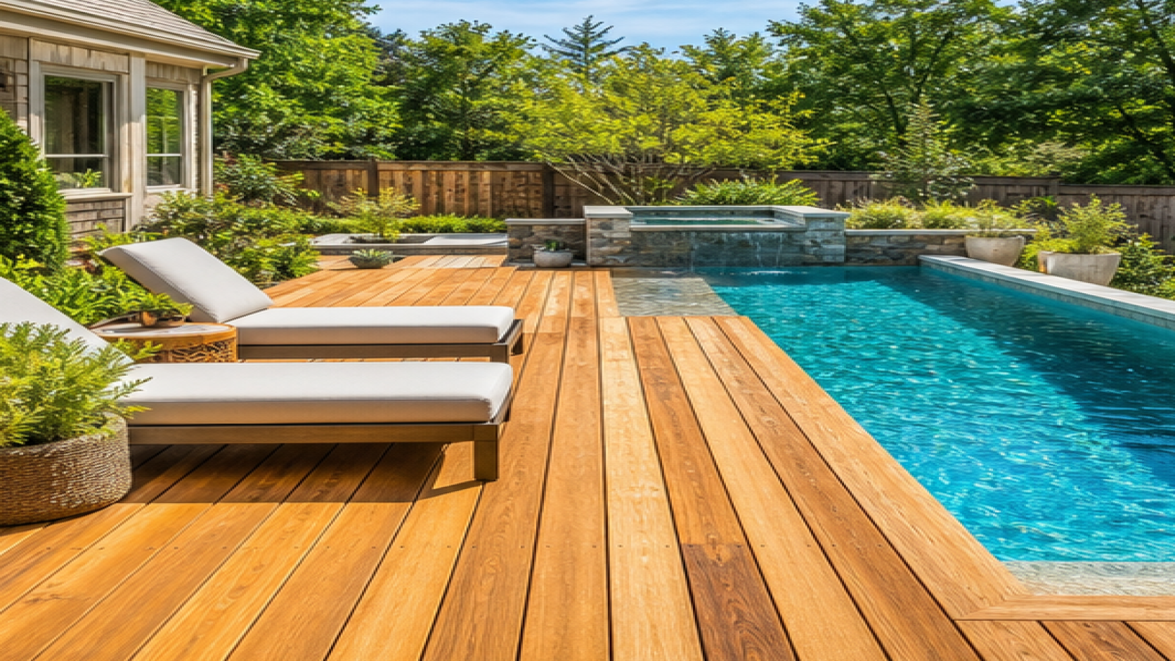 Pool Seating Ideas with a natural wood deck look
