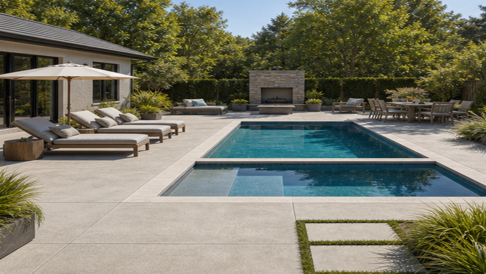 Pool Shape Ideas with a natural concrete deck look