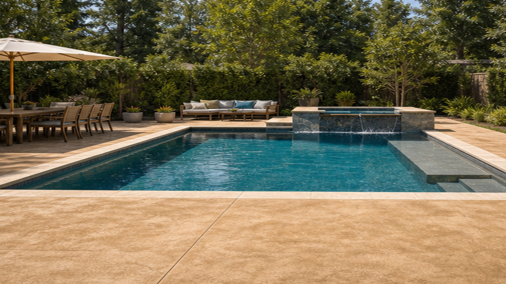 Pool Shape Ideas with a treated concrete deck look