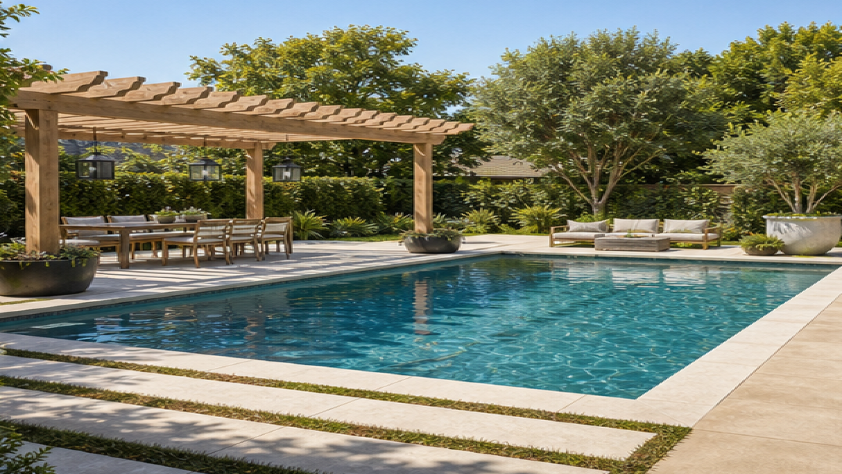 Pool Shape Ideas with a pergola accent