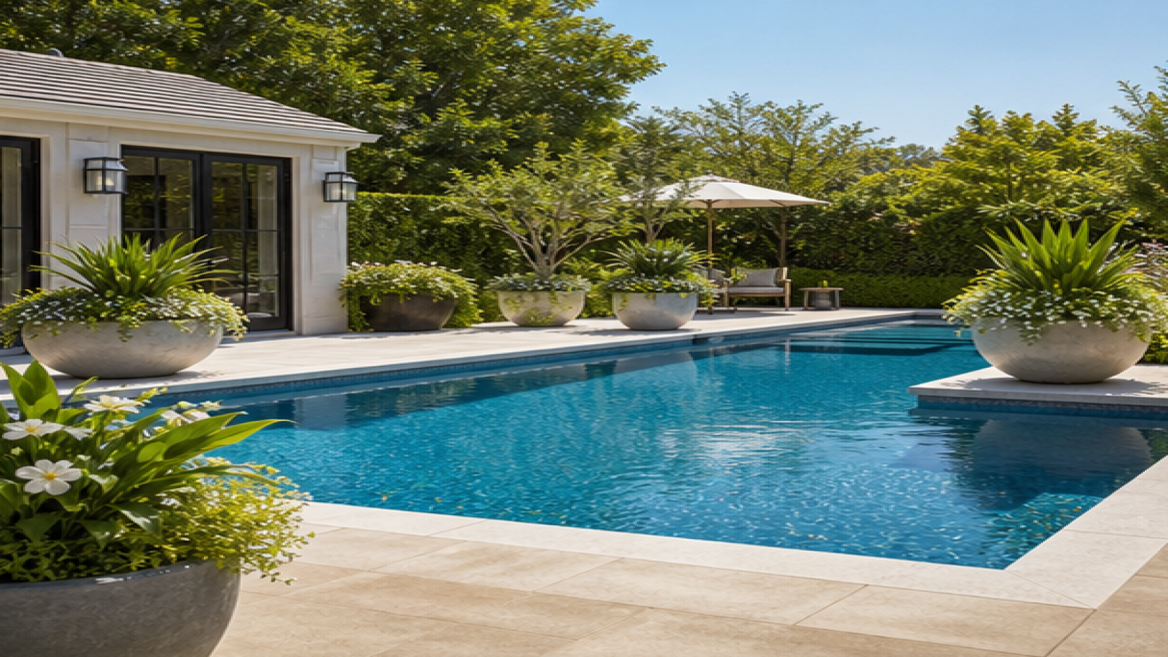 Pool Shape Ideas with poolside planters