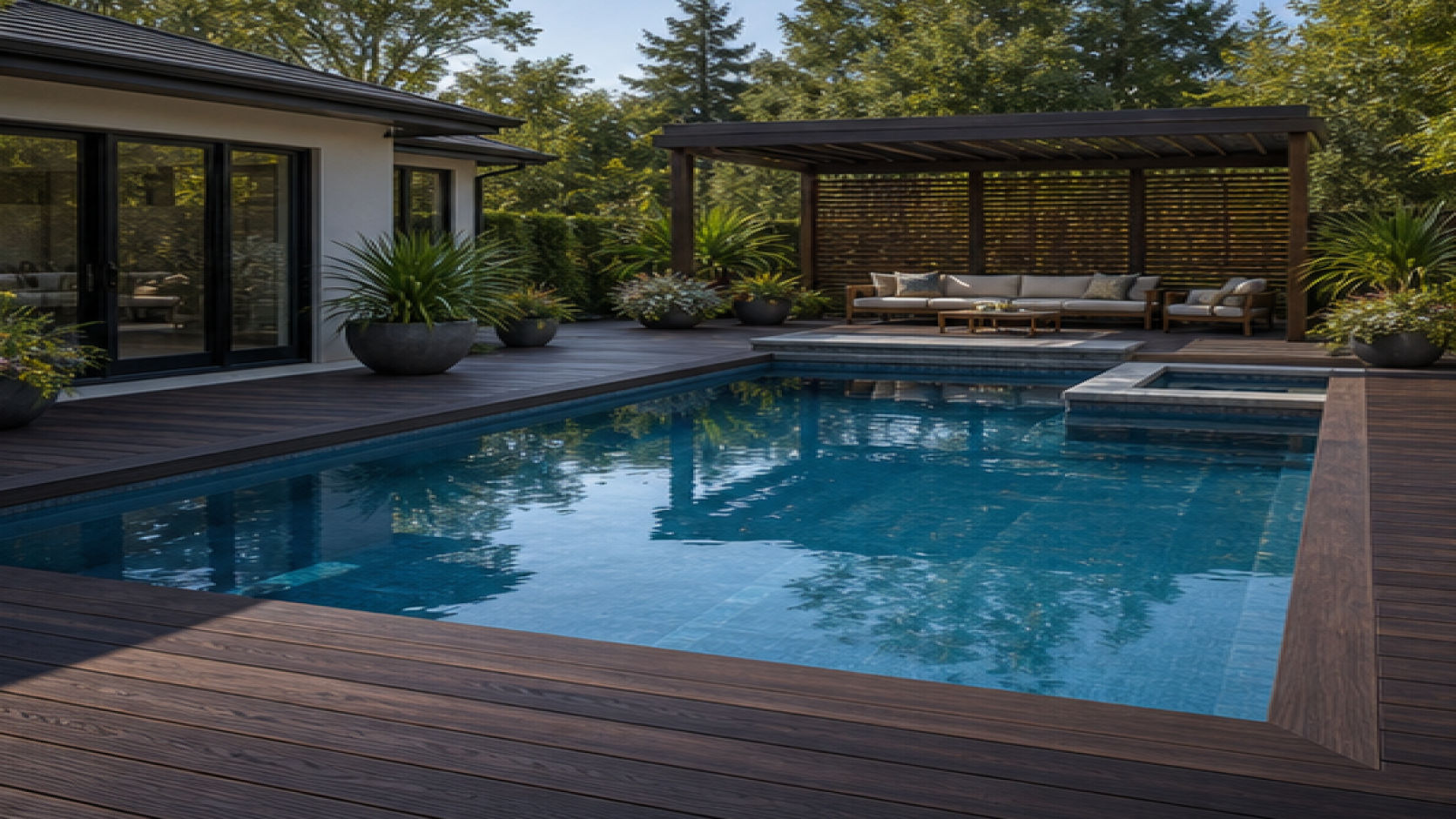 Pool Shape Ideas with a dark wood deck look