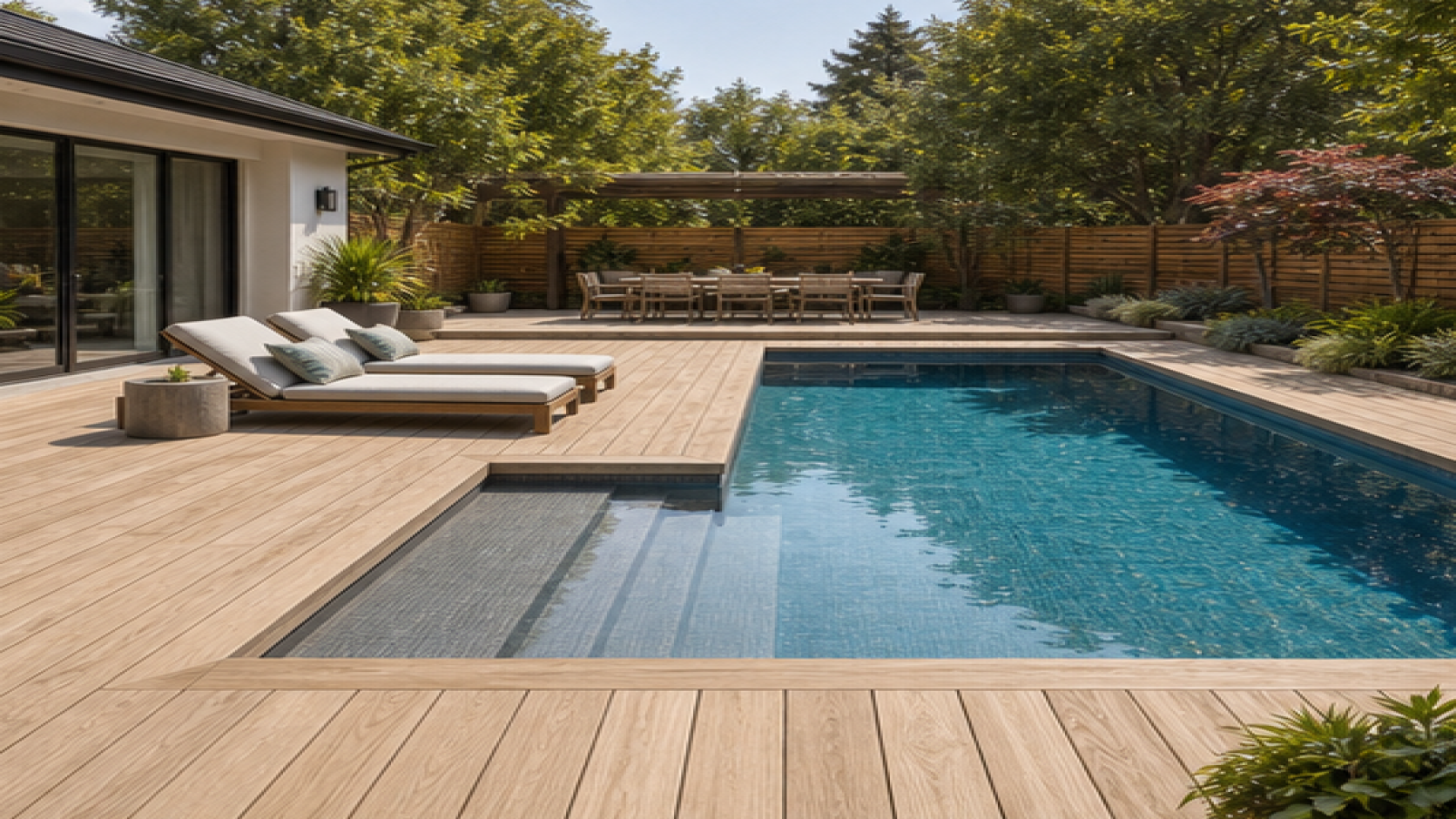 Pool Shape Ideas with a natural wood deck look
