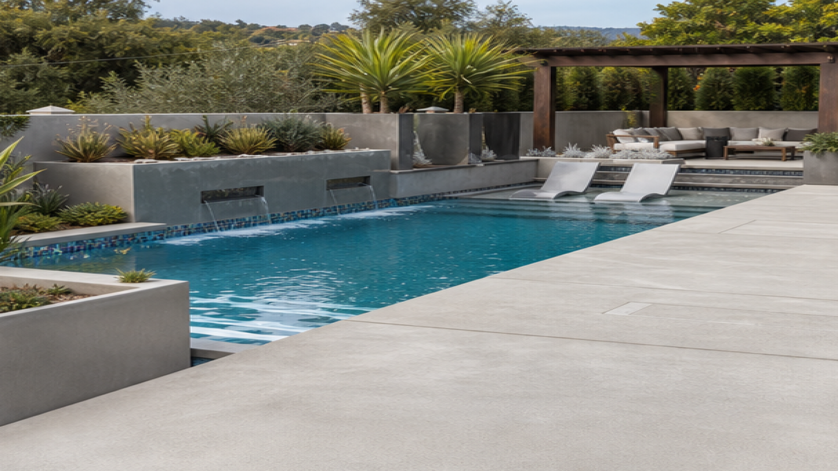 Pool Tile Ideas with a treated concrete deck look