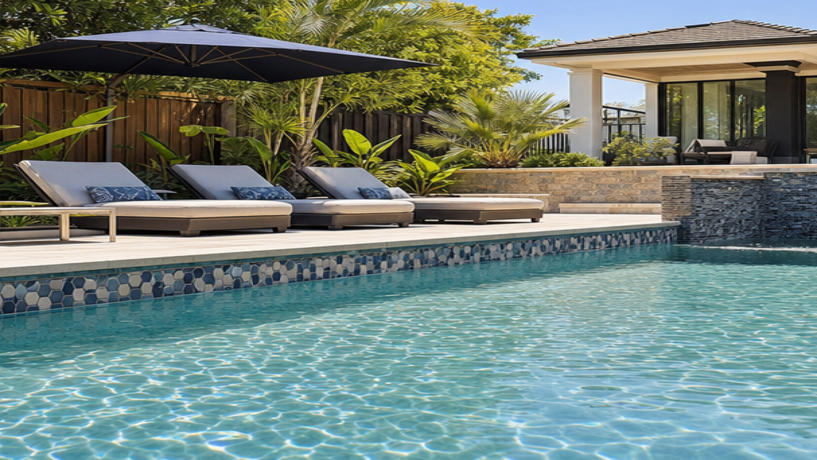 Pool Tile Ideas with lounge chairs