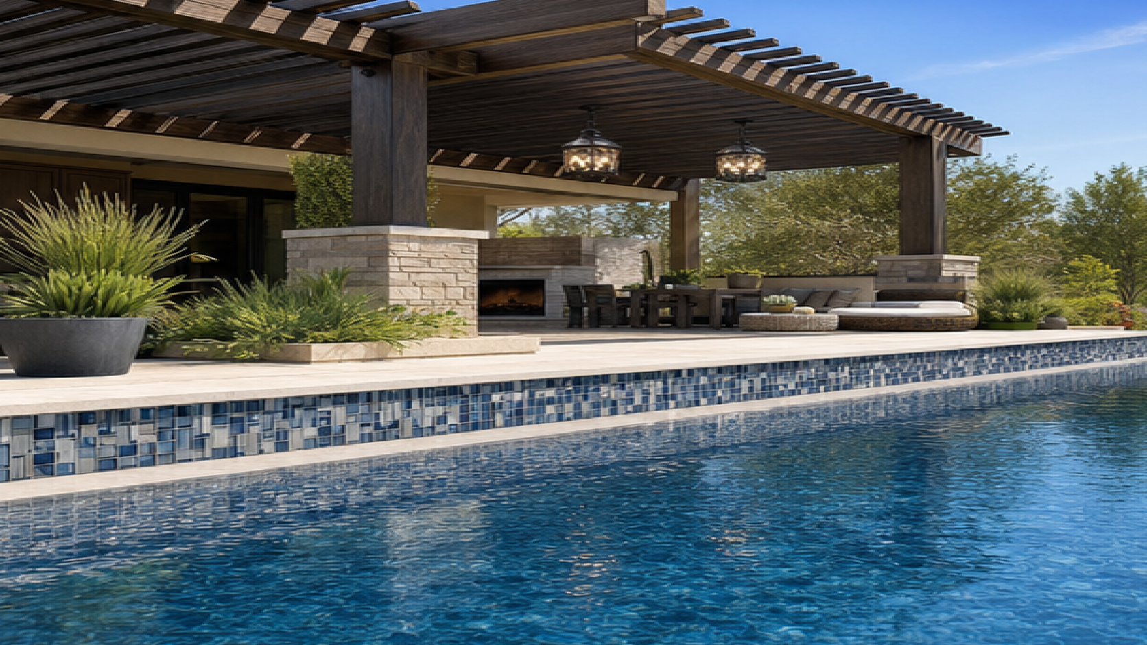 Pool Tile Ideas with a pergola accent