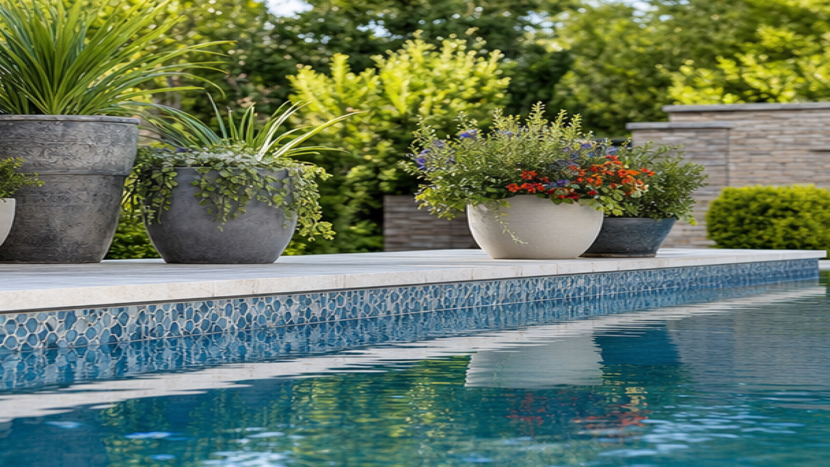 Pool Tile Ideas with poolside planters