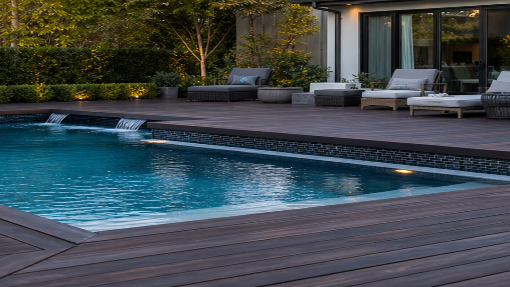 Pool Tile Ideas with a dark wood deck look
