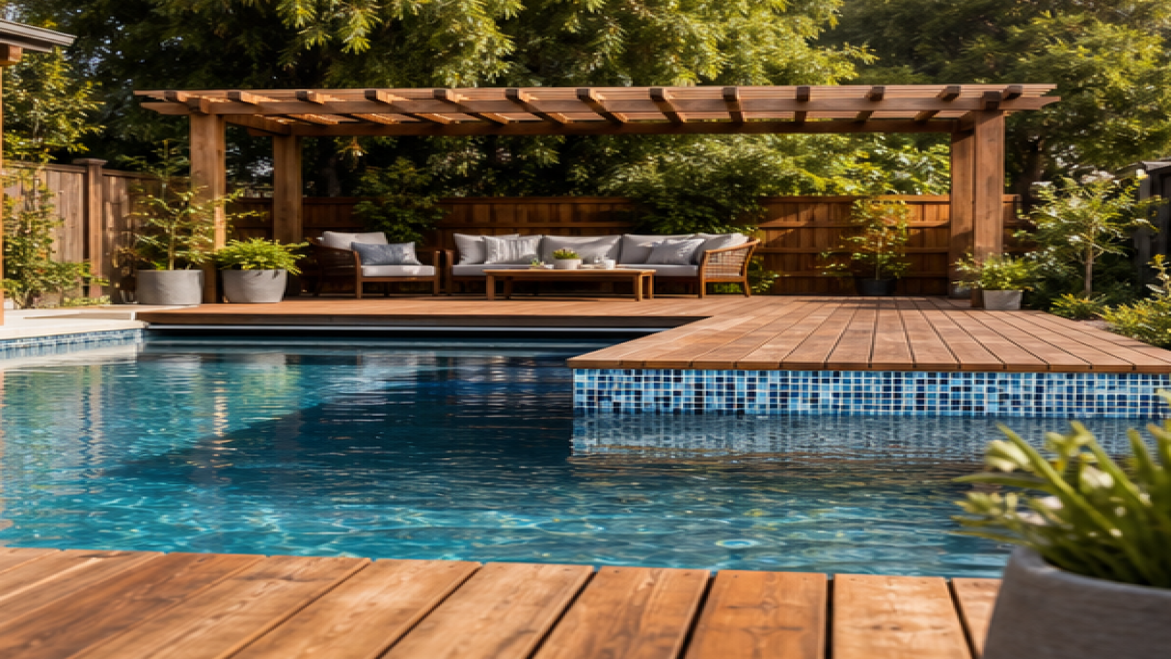 Pool Tile Ideas with a natural wood deck look