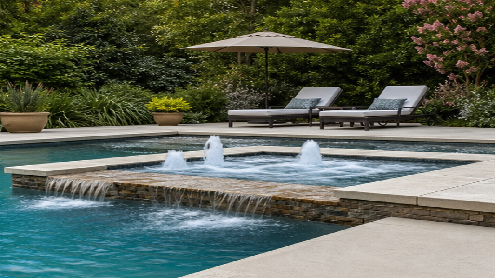 Pool Water Feature Ideas with a natural concrete deck look