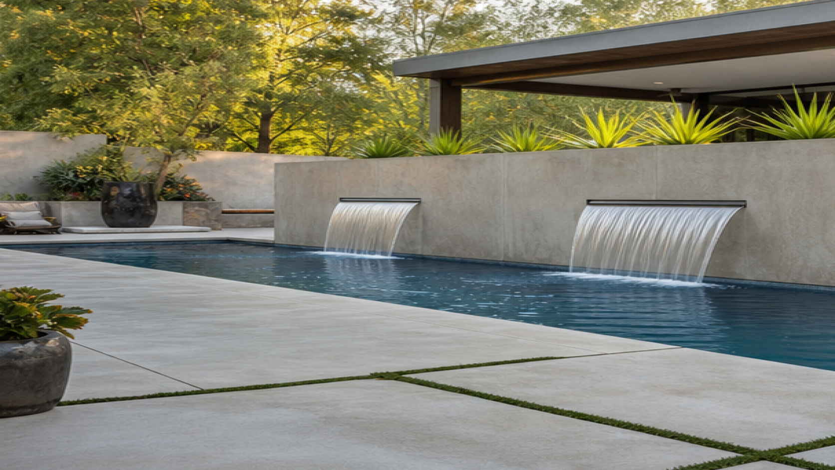 Pool Water Feature Ideas with a treated concrete deck look