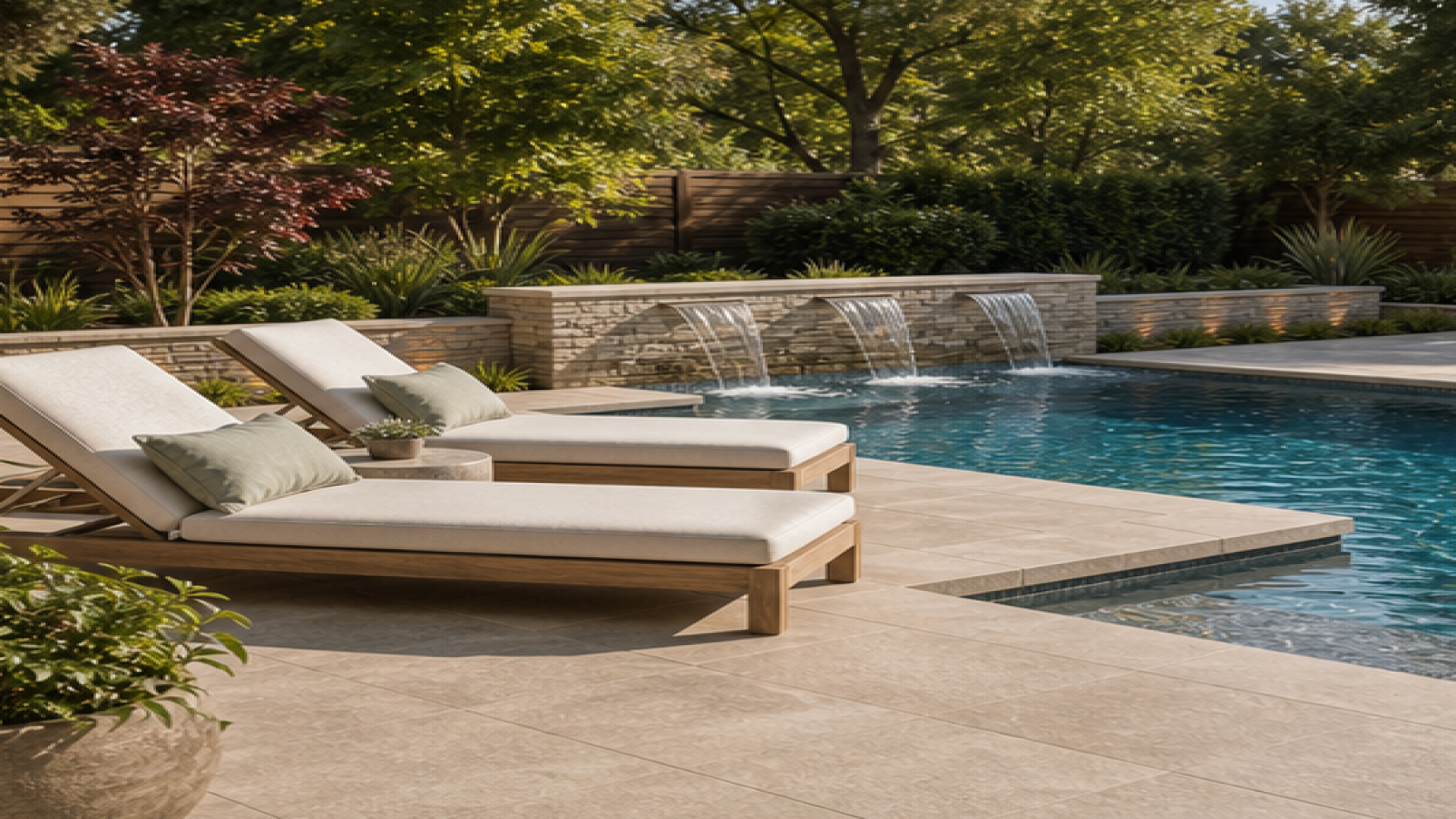 Pool Water Feature Ideas with lounge chairs