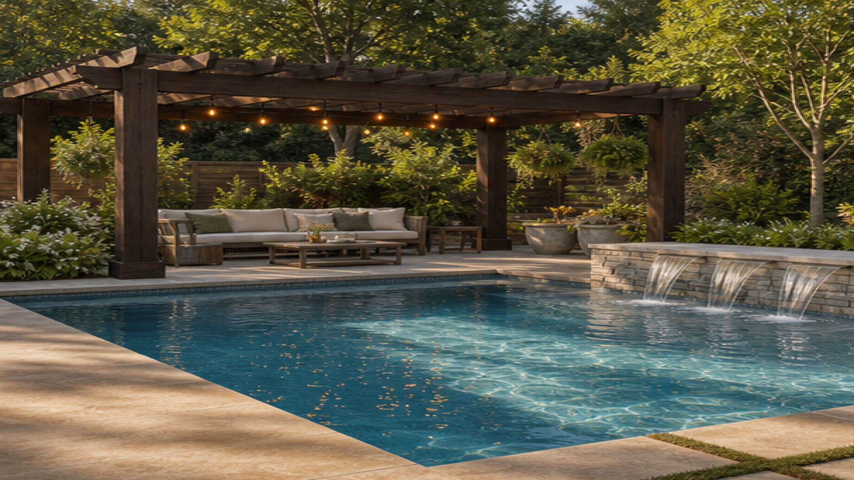Pool Water Feature Ideas with a pergola accent