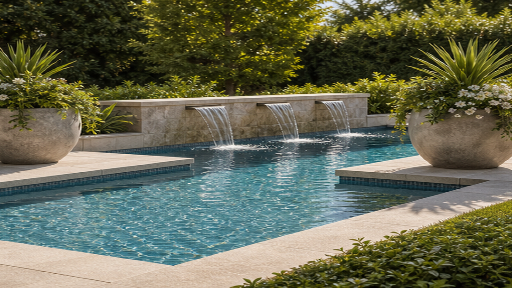 Pool Water Feature Ideas with poolside planters