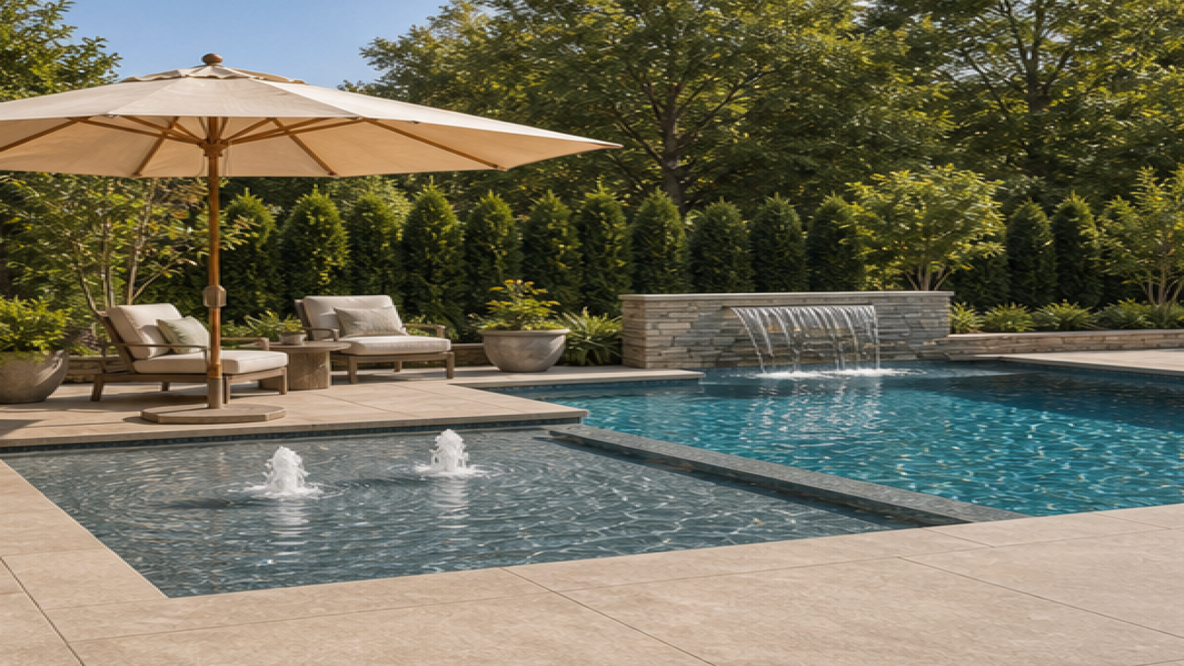Pool Water Feature Ideas with a shade umbrella