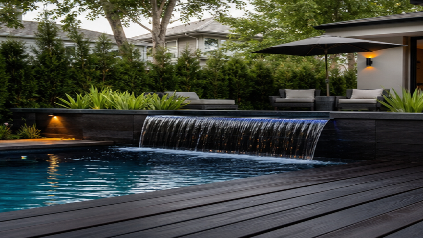 Pool Water Feature Ideas with a dark wood deck look