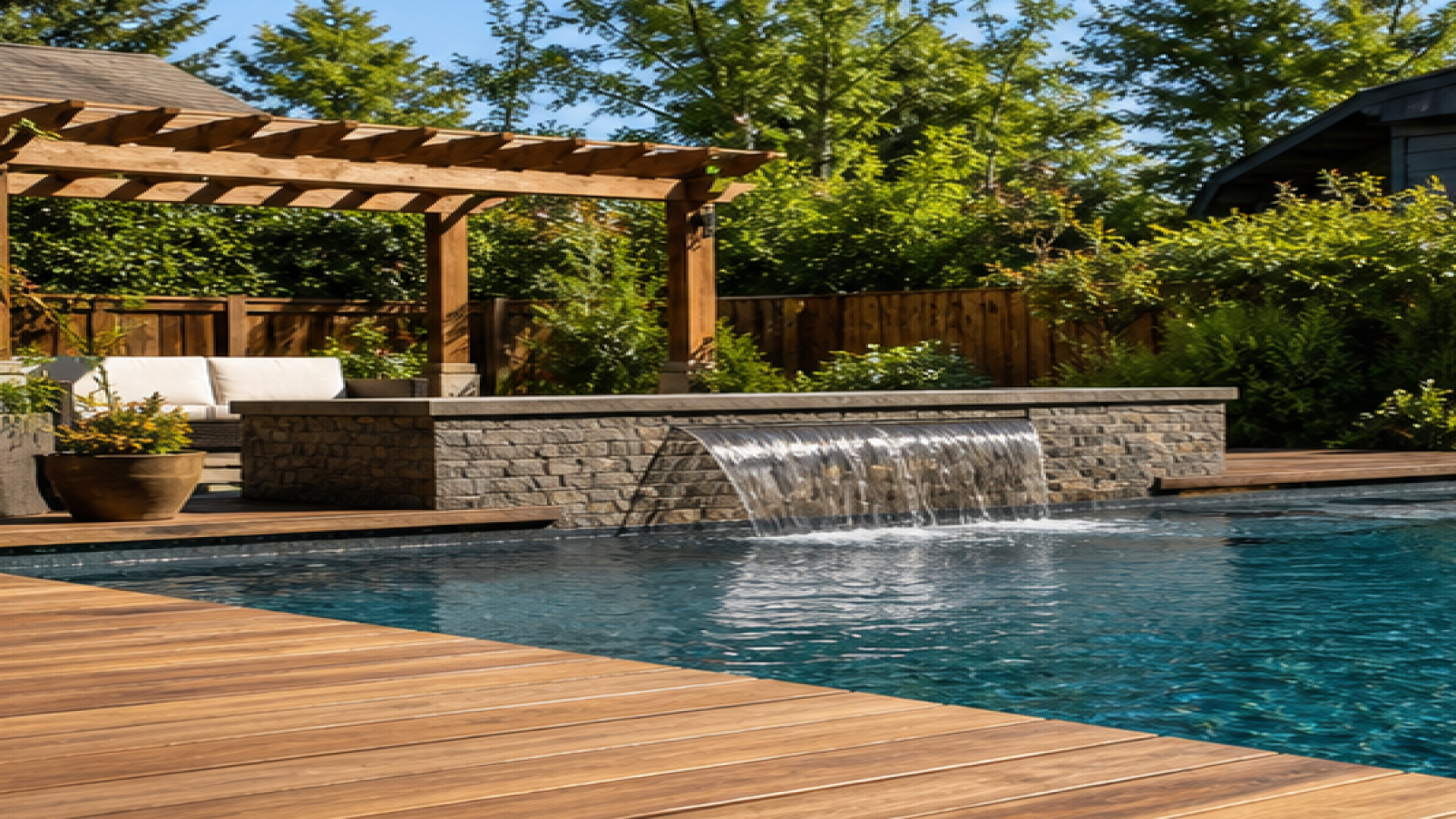 Pool Water Feature Ideas with a natural wood deck look