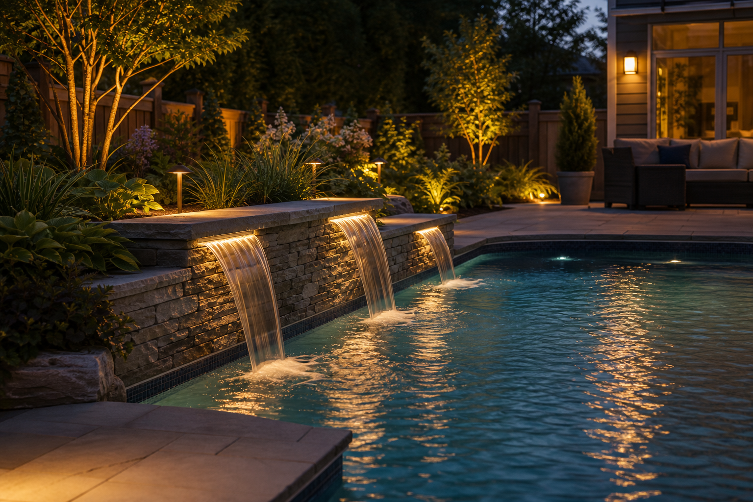 Pool Waterfall Ideas soft evening glow