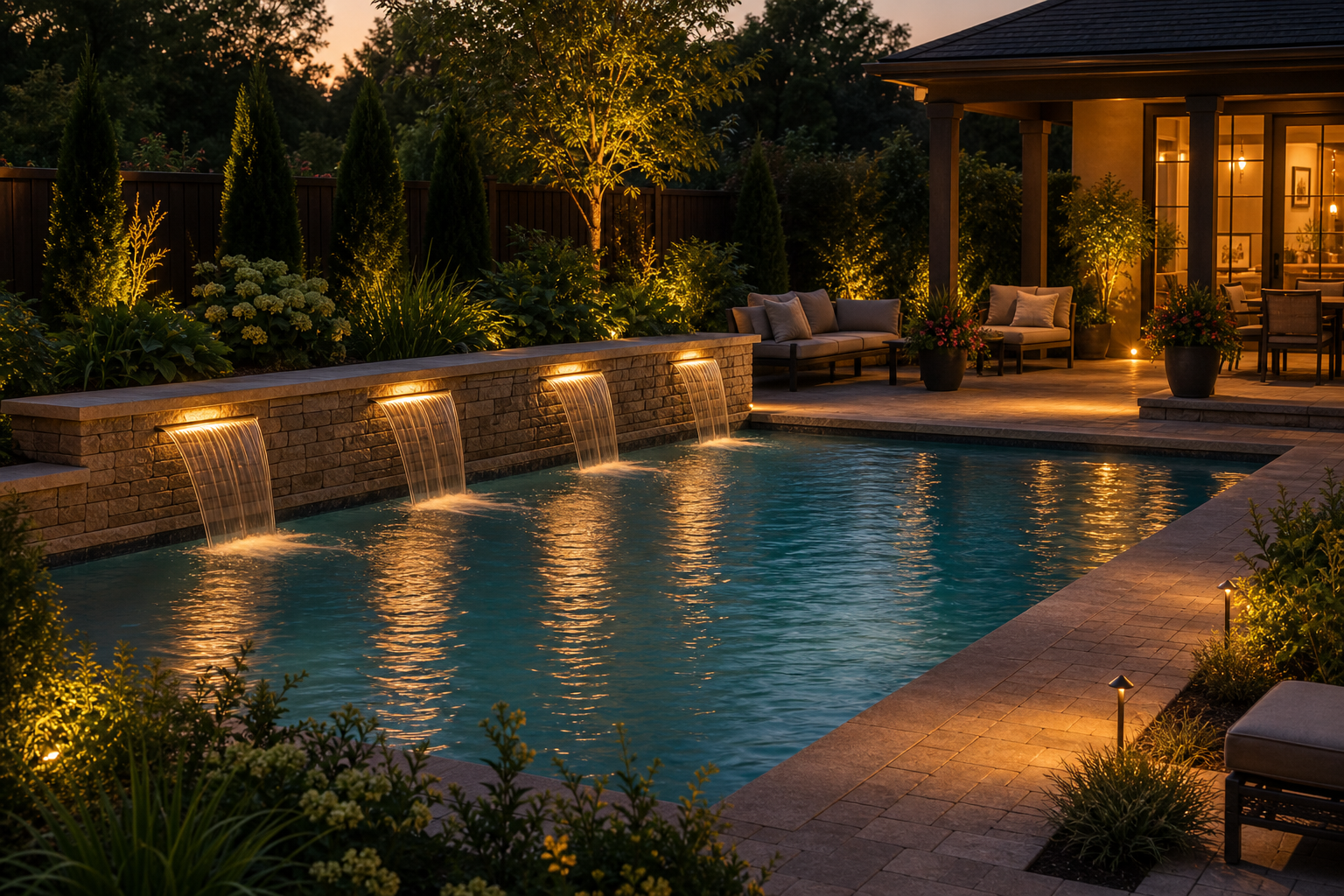Pool Waterfall Ideas evening light